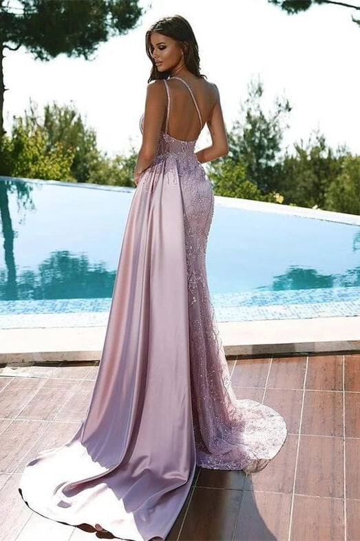 Elegant One Shoulder Long Satin Beads Mermaid Prom Dress with Split