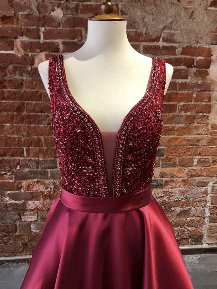Gorgeous Long A-line V Neck Satin Graduation Prom Dresses with Beadings