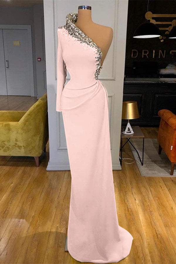 Dark Green Long Sleeves One Shoulder Beaded Mermaid Prom Dress