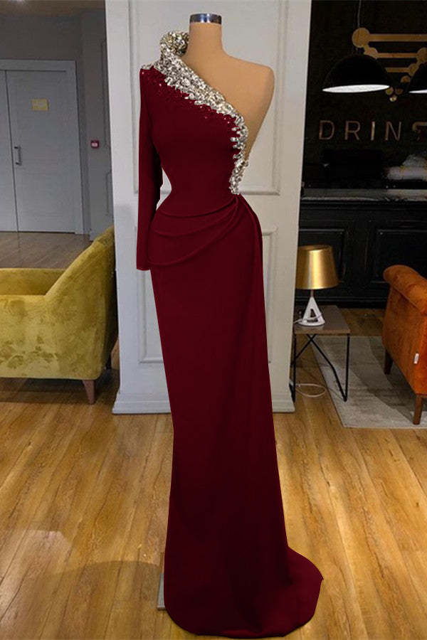 Dark Green Long Sleeves One Shoulder Beaded Mermaid Prom Dress