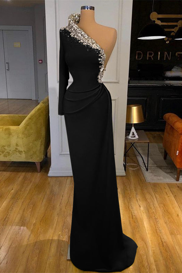 Dark Green Long Sleeves One Shoulder Beaded Mermaid Prom Dress