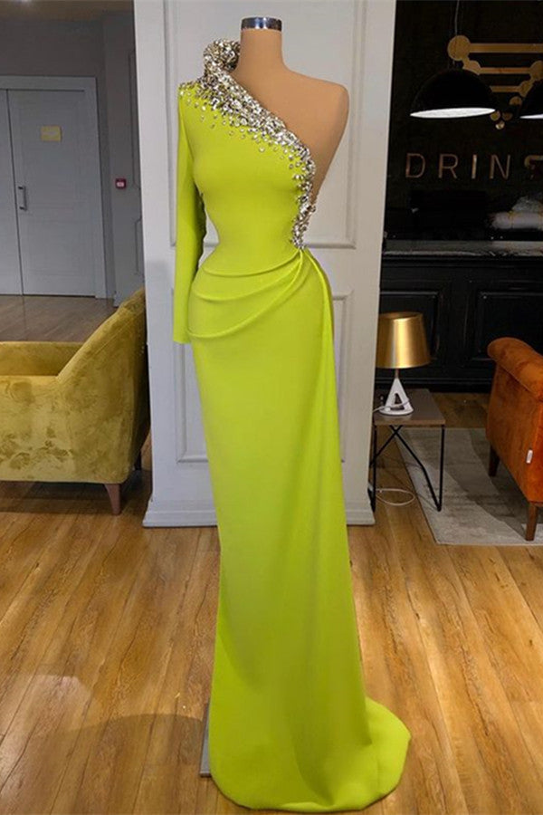Dark Green Long Sleeves One Shoulder Beaded Mermaid Prom Dress