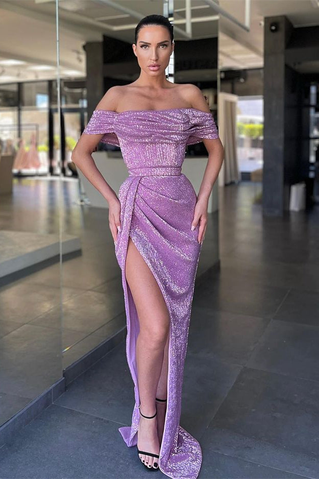 Long Off-The-Shoulder Split Mermaid Prom Dress with Sequins