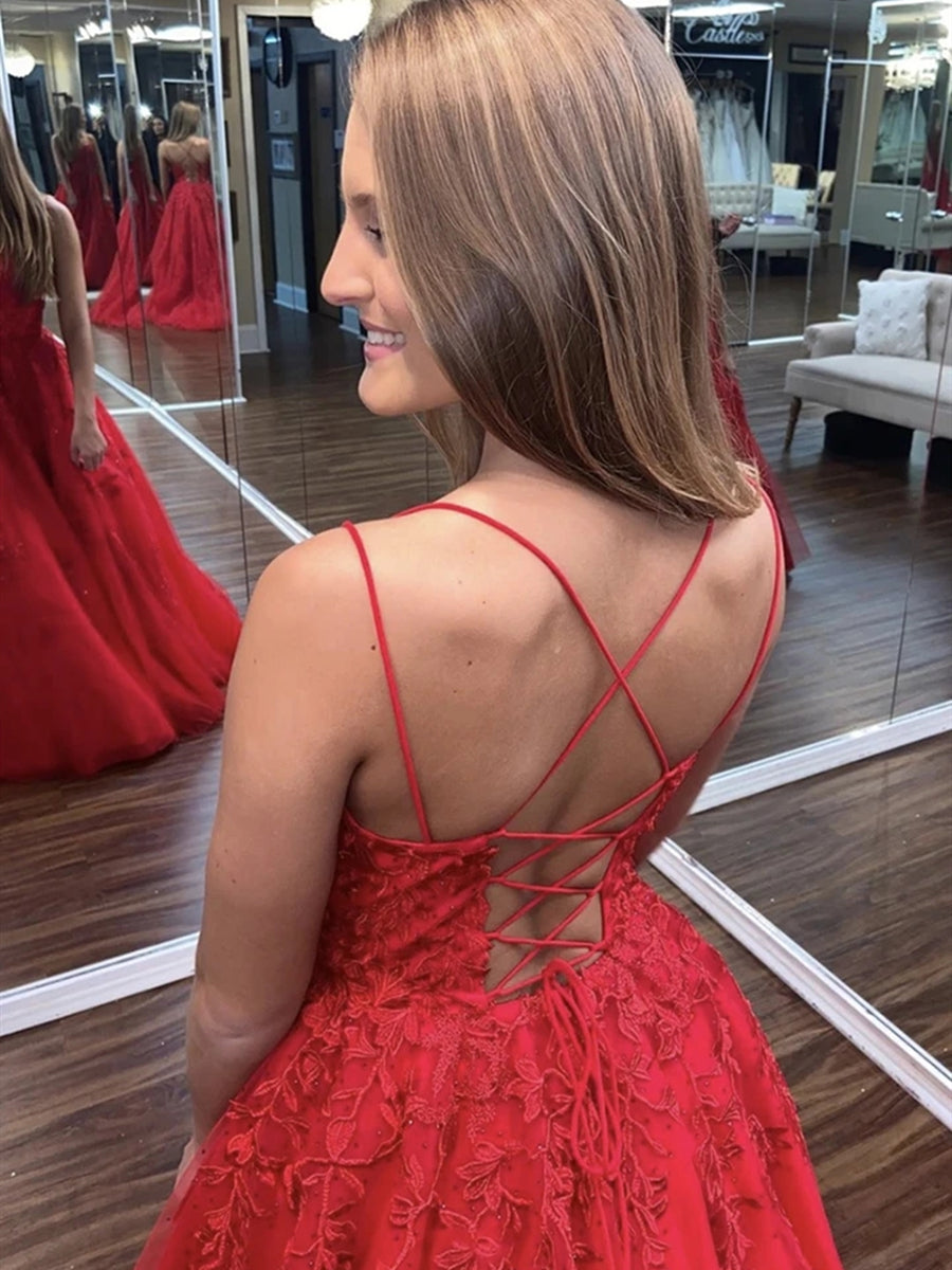 Long A-line Tulle Lace Open Back Formal Graduation Prom Dress