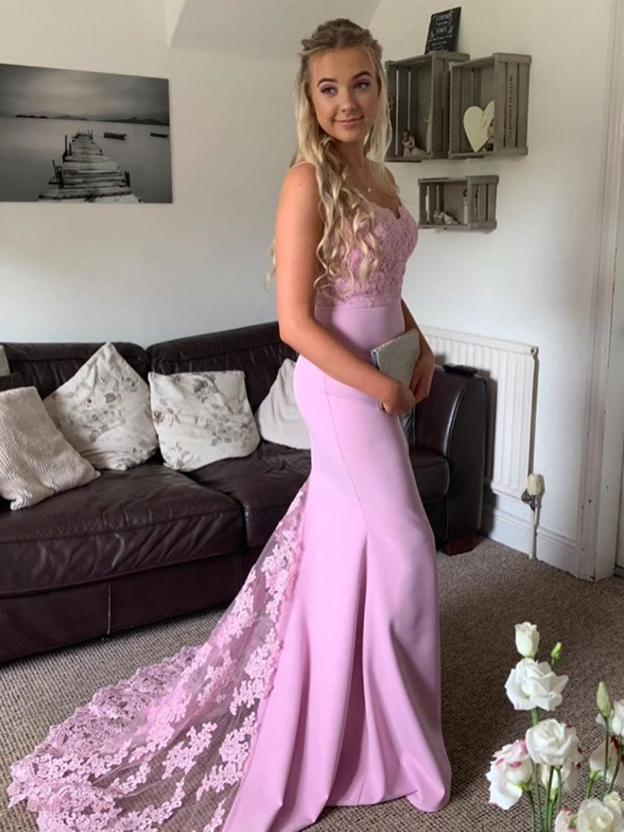 Long Mermaid Sweetheart Satin Lace Graduation Formal Prom Dresses
