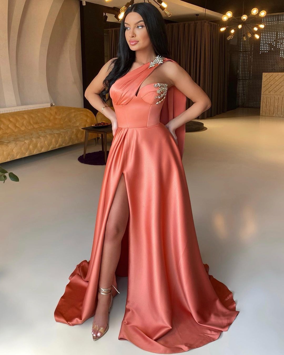 Long A-line Satin One Shoulder Beaded Prom Dress with Front Split