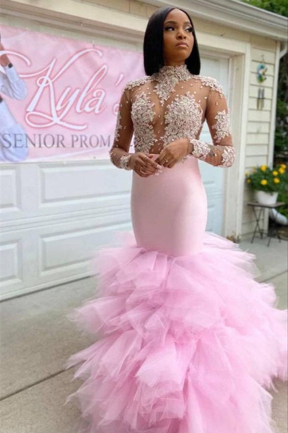 Long High Neck Tulle Mermaid Tulle Prom Dress with Lace Appliques