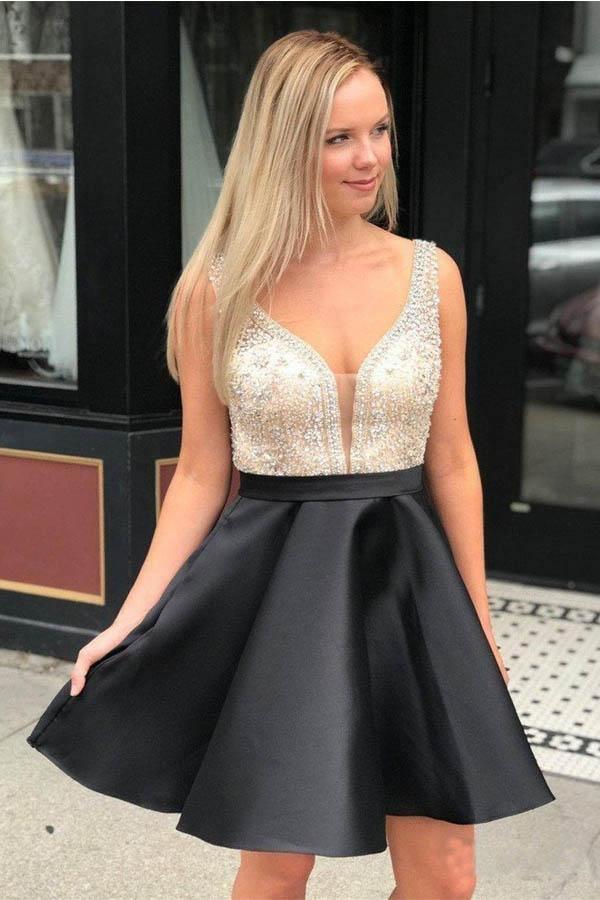 Red Beaded Satin Homecoming Dresses with Pocket Short Prom Dresses PD290