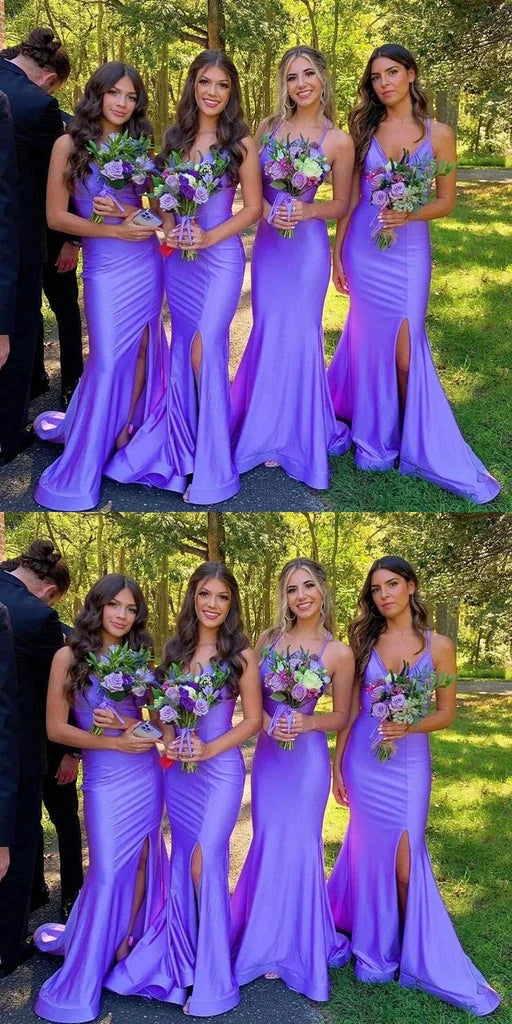 Elegant Mermaid Side Slit V-neck Satin Long Bridesmaid Dresses Online, BG705