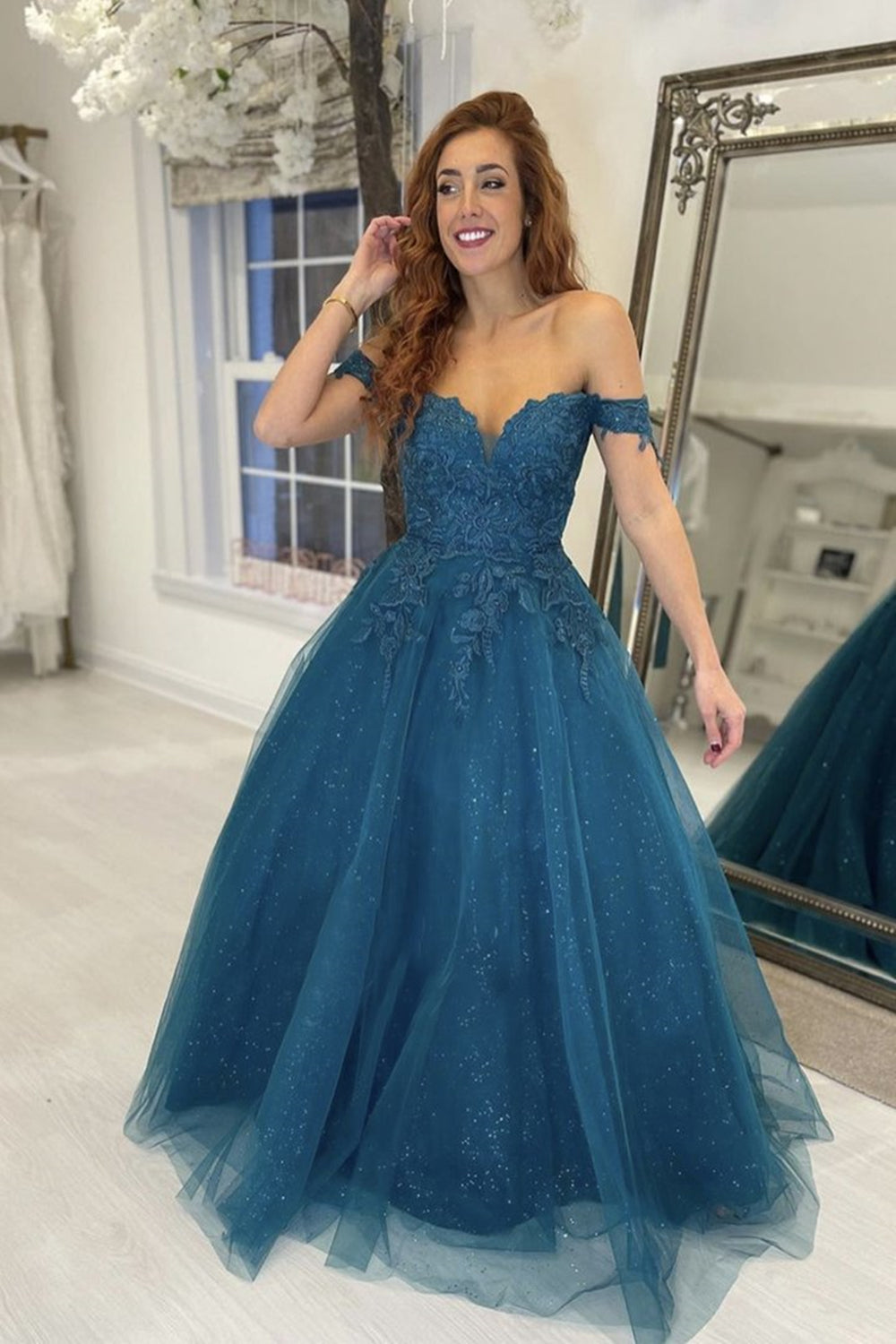 Shiny Long A-line Off The Shoulder Tulle Lace Formal Prom Dresses