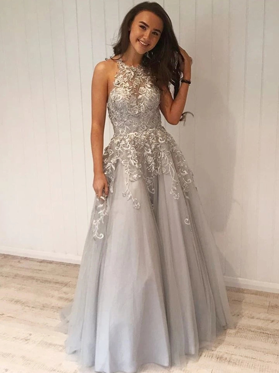 Silver Long A-line Halter Tulle Lace Formal Prom Dresses