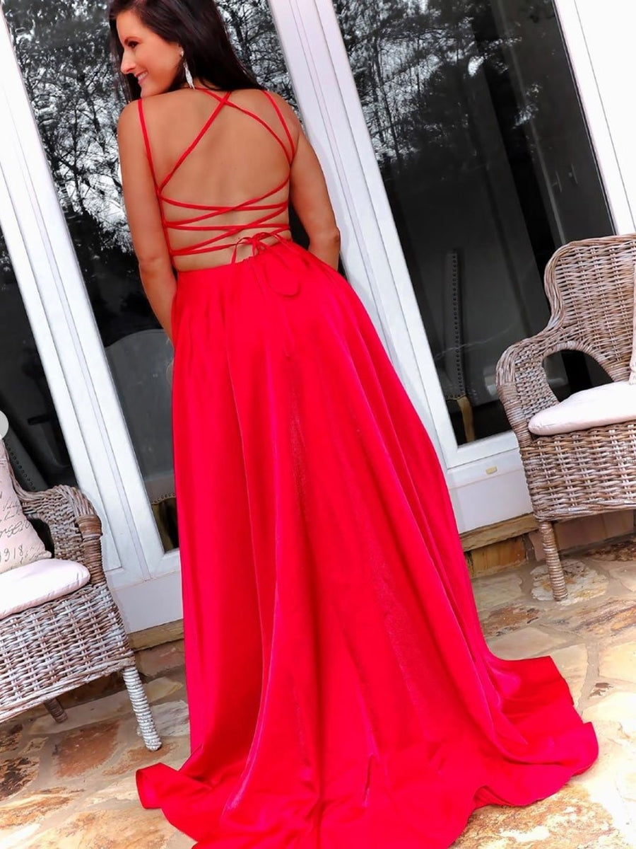 Simple Long A-line Open Back Satin Front Slit Formal Prom Dresses with Cross Back