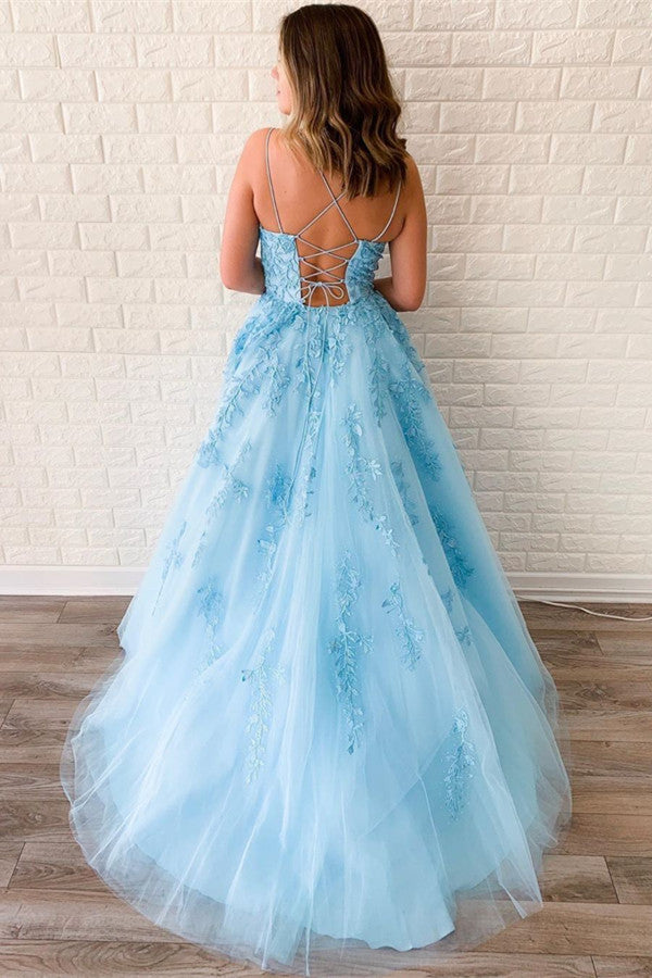 Sky Blue Long A-line Strapless Spaghetti Straps Appliqued Open Back Evening Dress