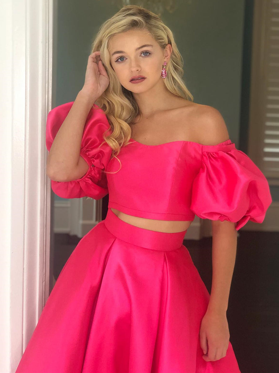 Two Piece Long A-line Off the Shoulder Satin Formal Prom Dresses with Sleeves