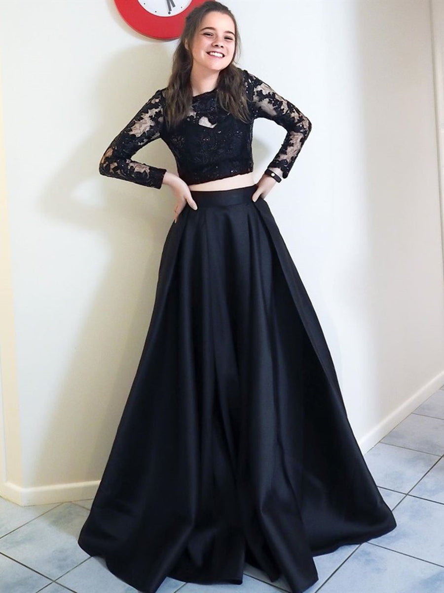 Two Pieces Black Long A-line Round Neck Satin Lace Formal Prom Dresses with Sleeves