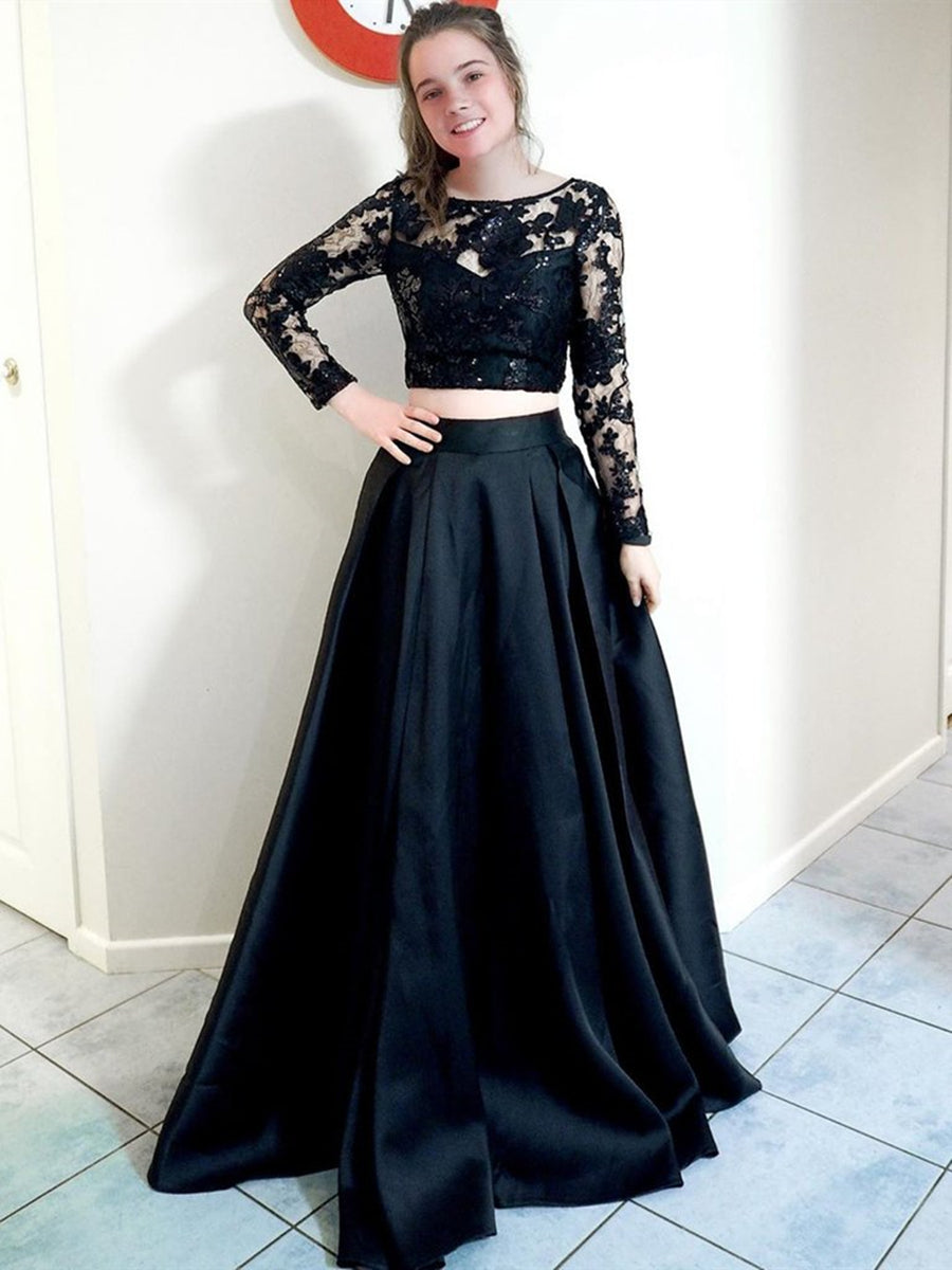 Two Pieces Black Long A-line Round Neck Satin Lace Formal Prom Dresses with Sleeves