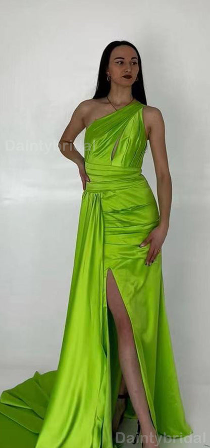 Elegant One Shoulder Side Slit Mermaid Satin Lime Green Long Bridesmaid Dresses Online, BG757