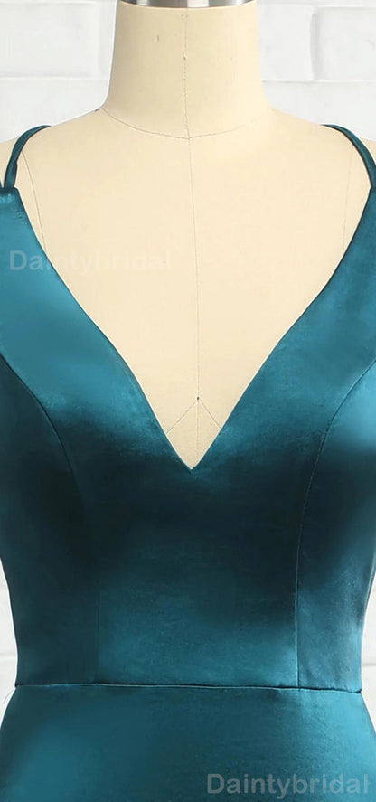 Elegant Spaghetti Straps Mermaid V-neck Satin Jade Long Bridesmaid Dresses Online, BG752