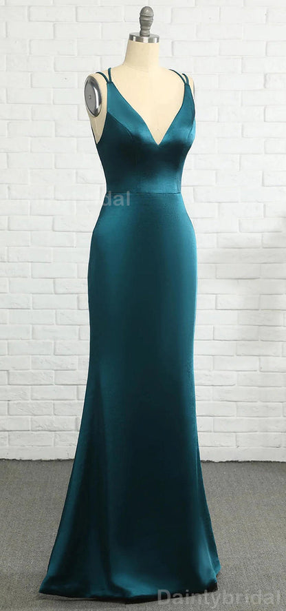 Elegant Spaghetti Straps Mermaid V-neck Satin Jade Long Bridesmaid Dresses Online, BG752