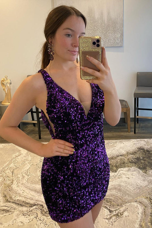 Sheath Deep V Neck Dark Purple Short Homecoming Dress