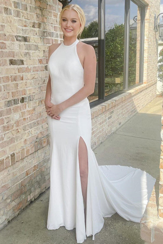 Halter Mermaid Long Wedding Dress with Slit