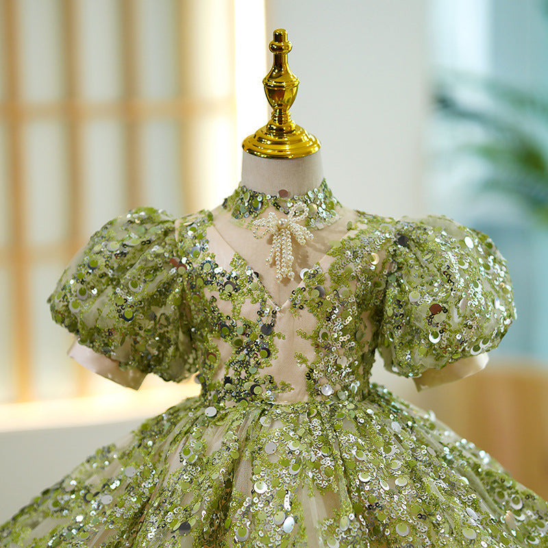Baby Girl Summer Green Puff Sleeve Sequin Birthday Party Princess Dress