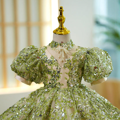 Baby Girl Summer Green Puff Sleeve Sequin Birthday Party Princess Dress