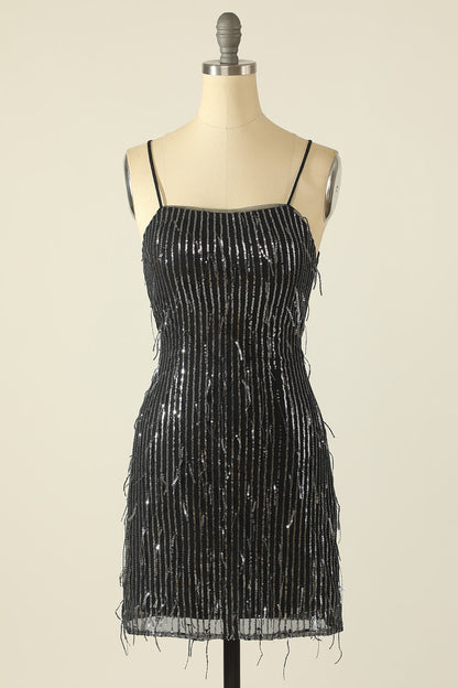 Sheath Spaghetti Straps Pink Sequins Short Homecoming Dress