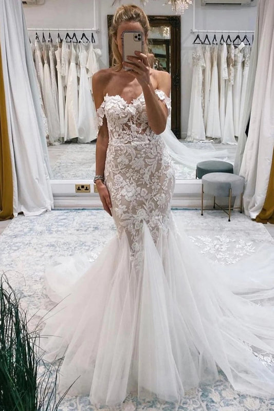 Off the Shoulder Long Lace Mermaid Wedding Dress