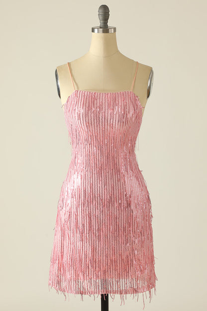 Sheath Spaghetti Straps Pink Sequins Short Homecoming Dress