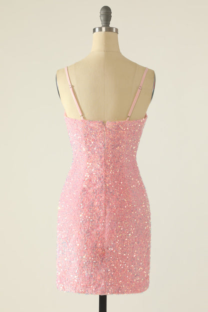 Sheath Spaghetti Straps Pink Sequins Short Homecoming Dress