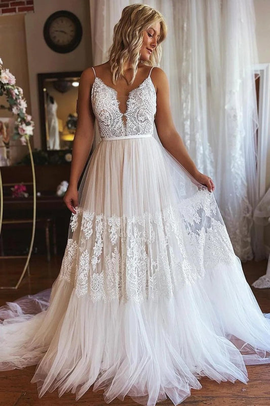 A-Line Long Tulle Wedding Dress with Appliques