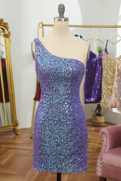 Sheath One Shoulder Dark Purple Sequins Short Homecoming Dress