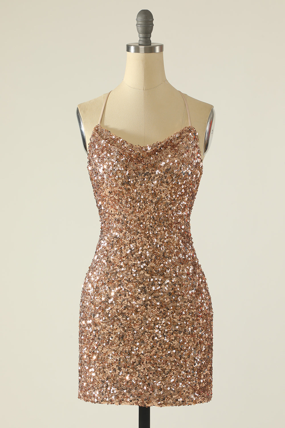 Sheath Spaghetti Straps Champagne Sequins Short Homecoming Dress