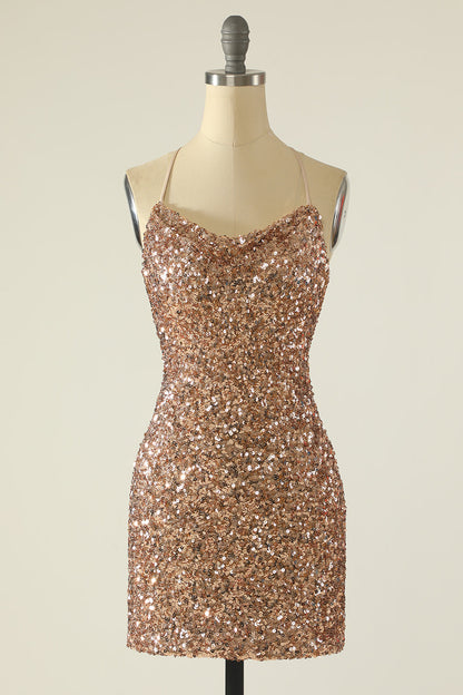 Sheath Spaghetti Straps Champagne Sequins Short Homecoming Dress