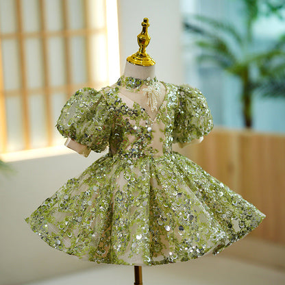 Baby Girl Summer Green Puff Sleeve Sequin Birthday Party Princess Dress