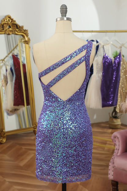 Sheath One Shoulder Dark Purple Sequins Short Homecoming Dress