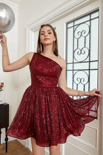 One Shoulder Sequin A-line Short Prom Dress