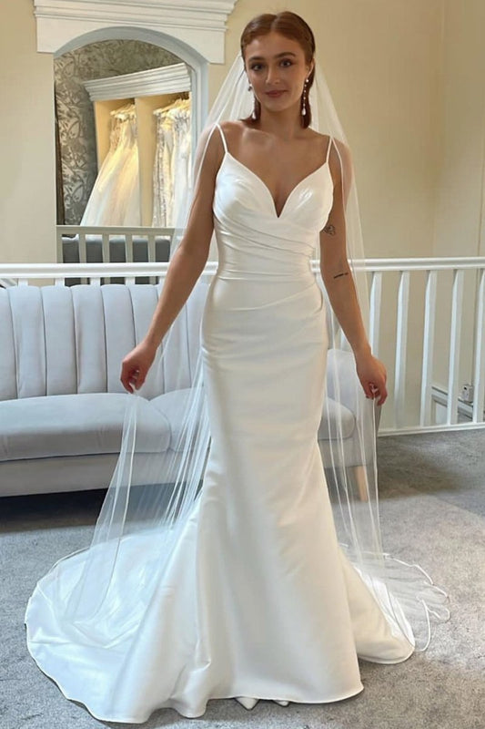 Ivory Spaghetti Strap Backless Mermaid Long Wedding Dress
