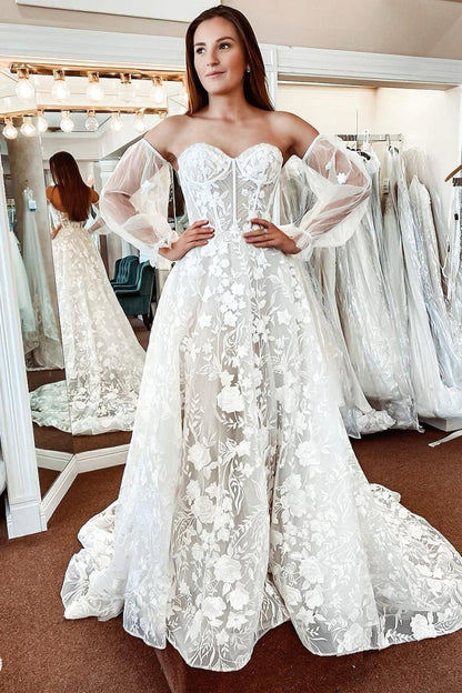 Lace A-Line Detachable Long Sleeves Corset Long Wedding Dress