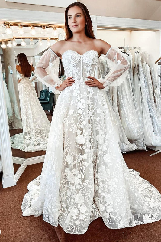 Lace A-Line Detachable Long Sleeves Corset Long Wedding Dress