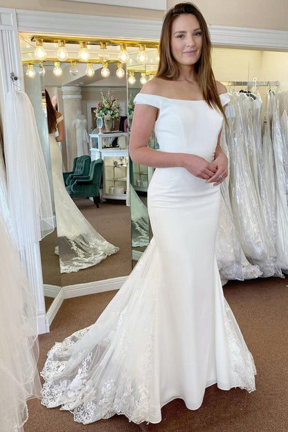 Off the Shoulder Long Mermaid Wedding Dress with Lace Appliques