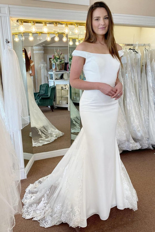 Off the Shoulder Long Mermaid Wedding Dress with Lace Appliques