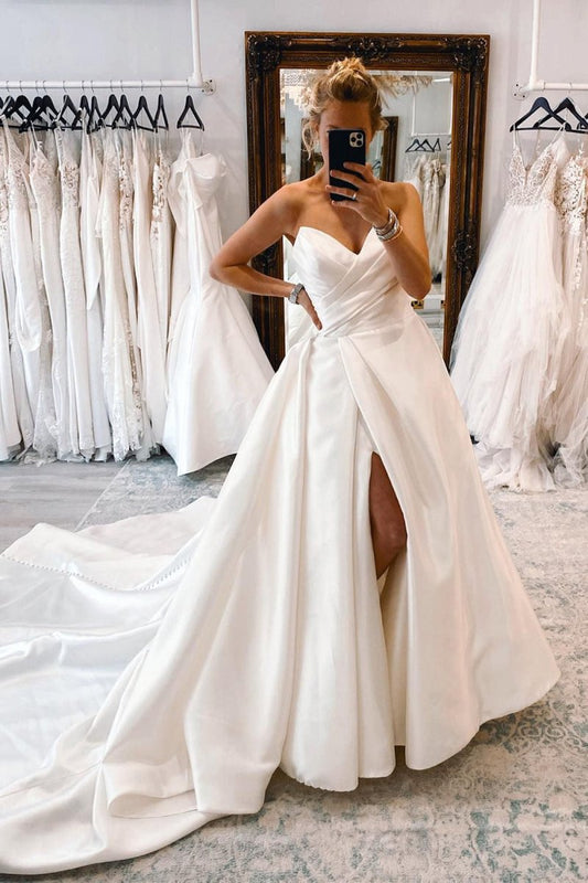 Satin Long A-Line Wedding Dress with Slit