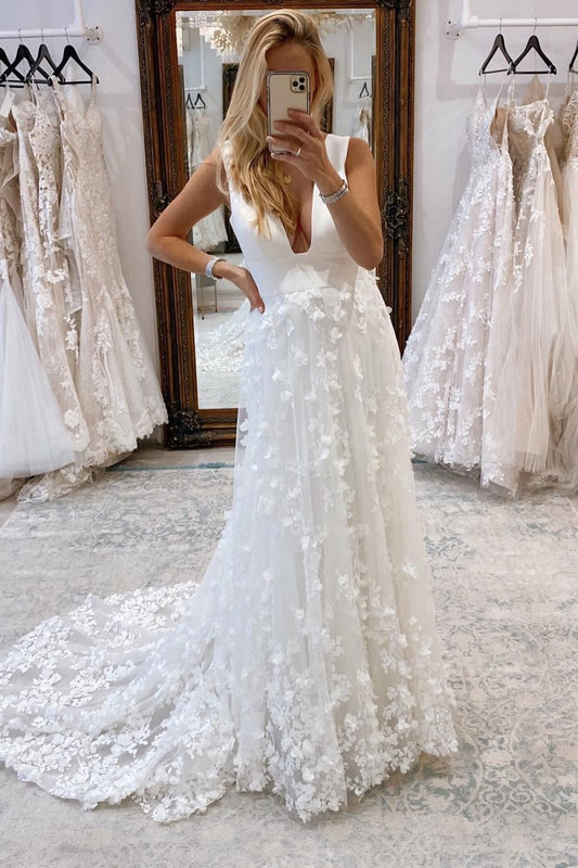 Deep V-Neck Backless Long Wedding Dress with Appliques