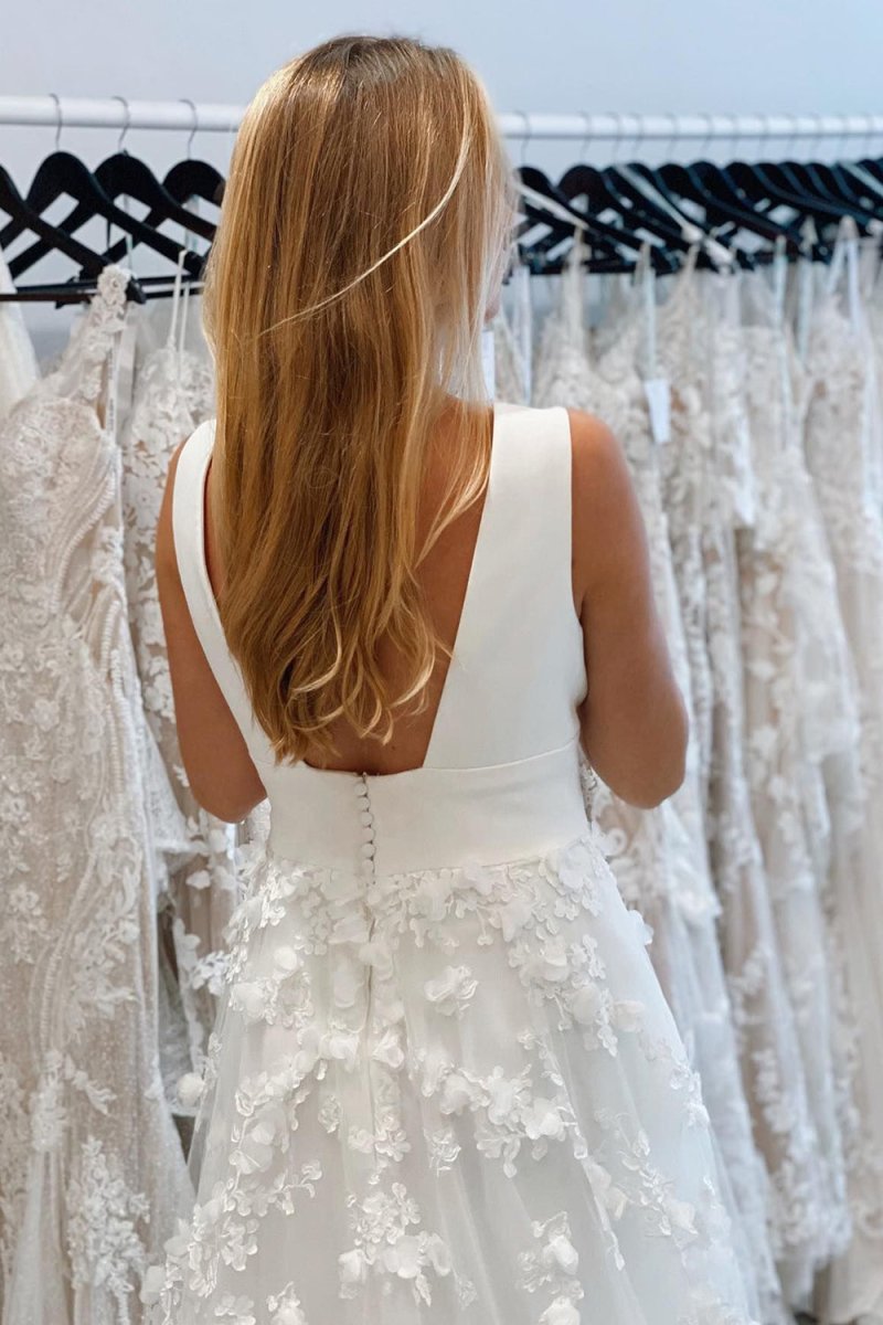 Deep V-Neck Backless Long Wedding Dress with Appliques