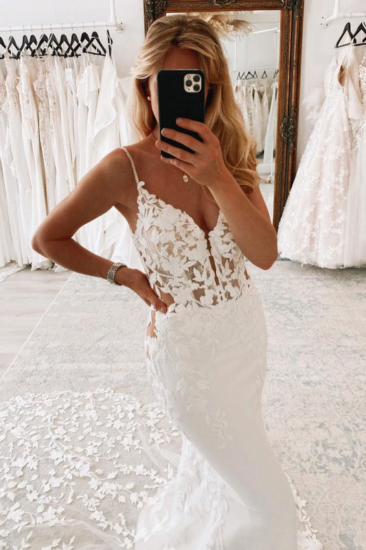 Spaghetti Straps Backless Long Wedding Dress with Lace