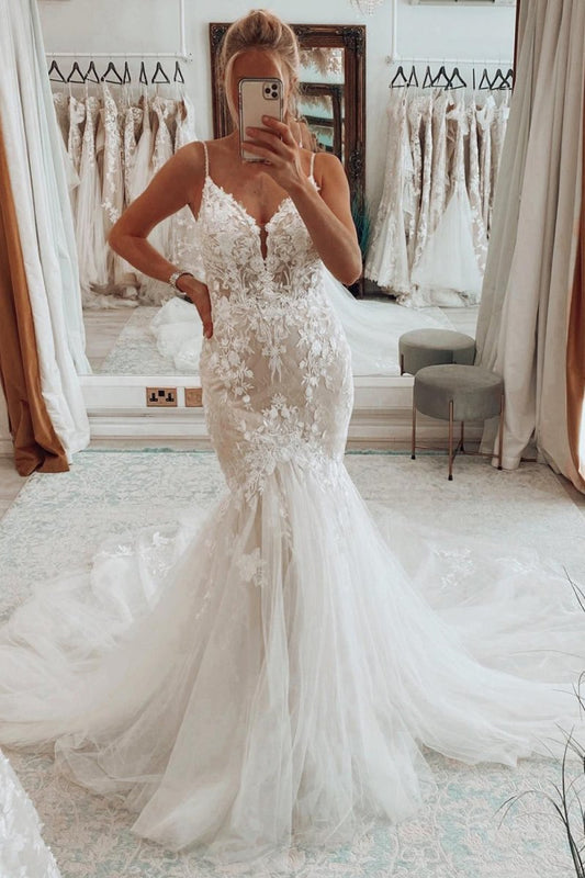 Mermaid Tulle Spaghetti Straps Long Wedding Dress