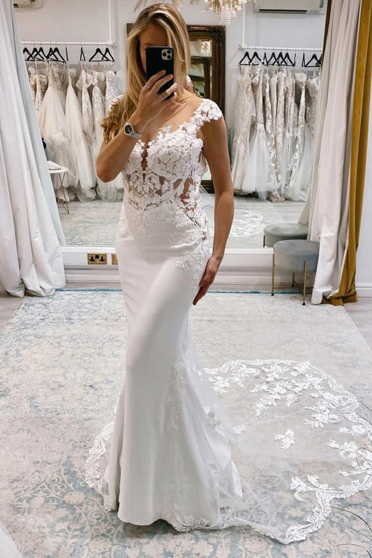Mermaid Deep V-Neck Backless Long Wedding Dress with Lace