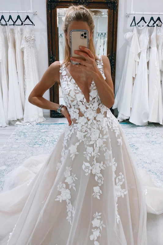 A-Line Ivory V-Neck Long Tulle Wedding Dress with Appliques